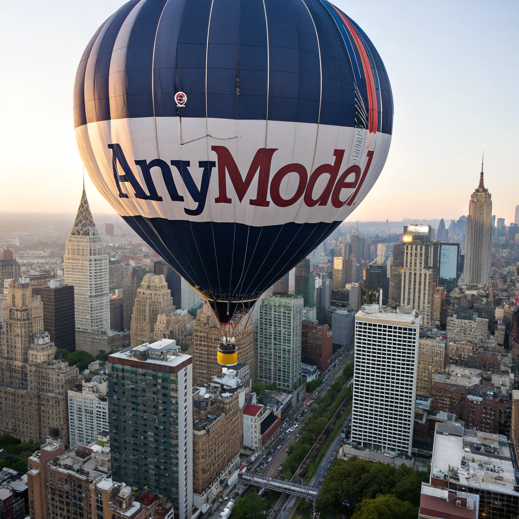 Cityscape with a hot air balloon hovering over it. The hot air balloon should prominently feature the word "ANYMODEL